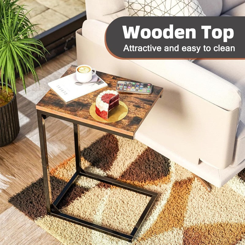 C Shaped End Table, Sofa Side Table with Metal Frame, Rustic Brown2