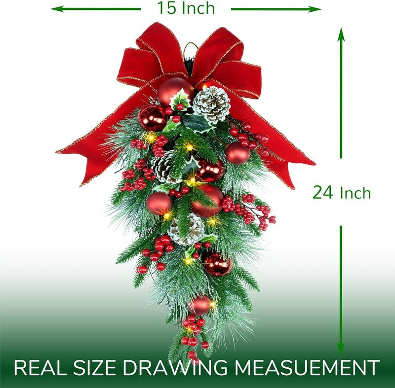 24" Pre-Lit Christmas Teardrop Swag Battery Operated Red Bow Pinecones Berries3