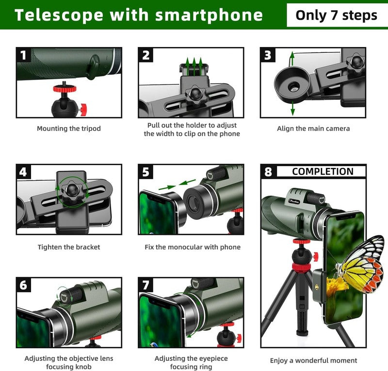 40x60 Monocular Telescope BAK4 Prism Phone Adapter Tripod Low Night Vision9