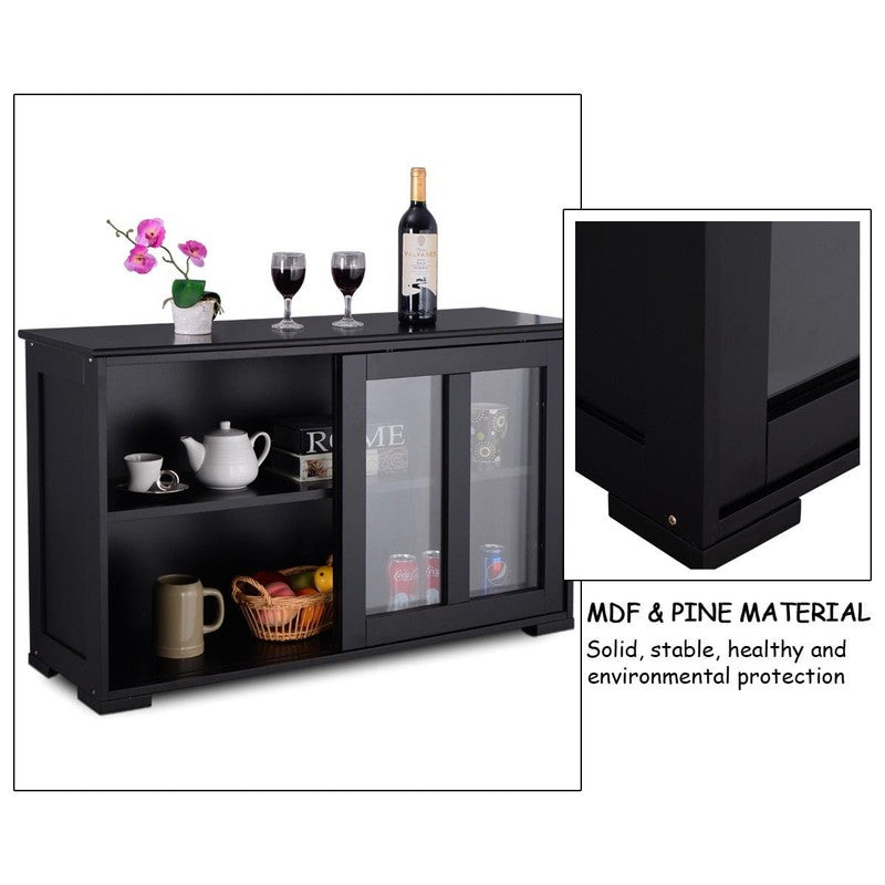 Black Kitchen Sideboard Buffet Storage Cabinet with Glass Sliding Doors5