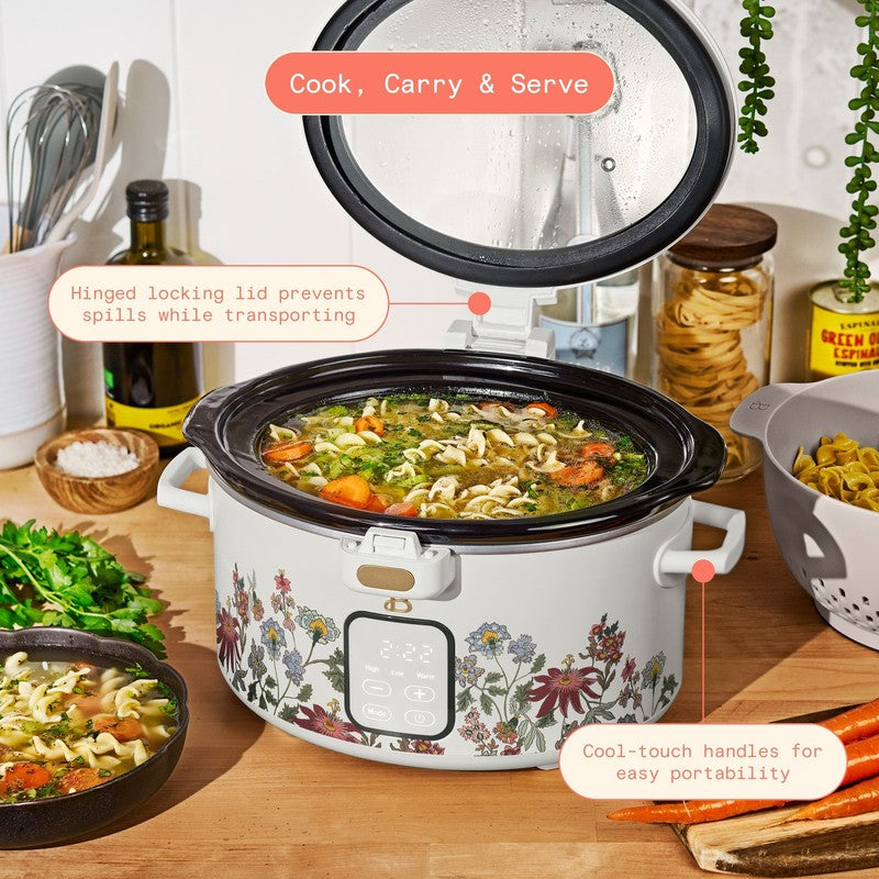 Drew Barrymore 4Qt Digital Slow Cooker Hinged Locking Lid Wildflower White2