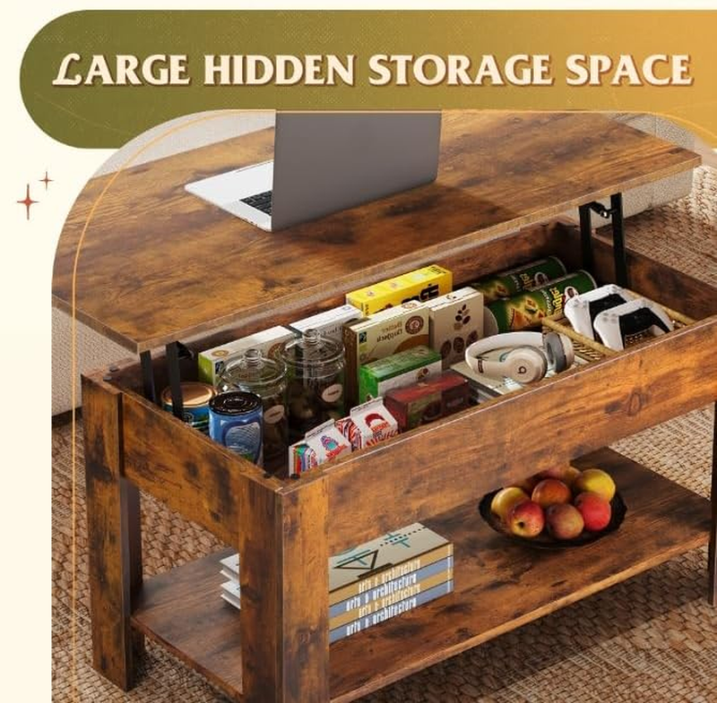 39" Lift-Top Coffee Table with Storage Shelf Rustic Brown3