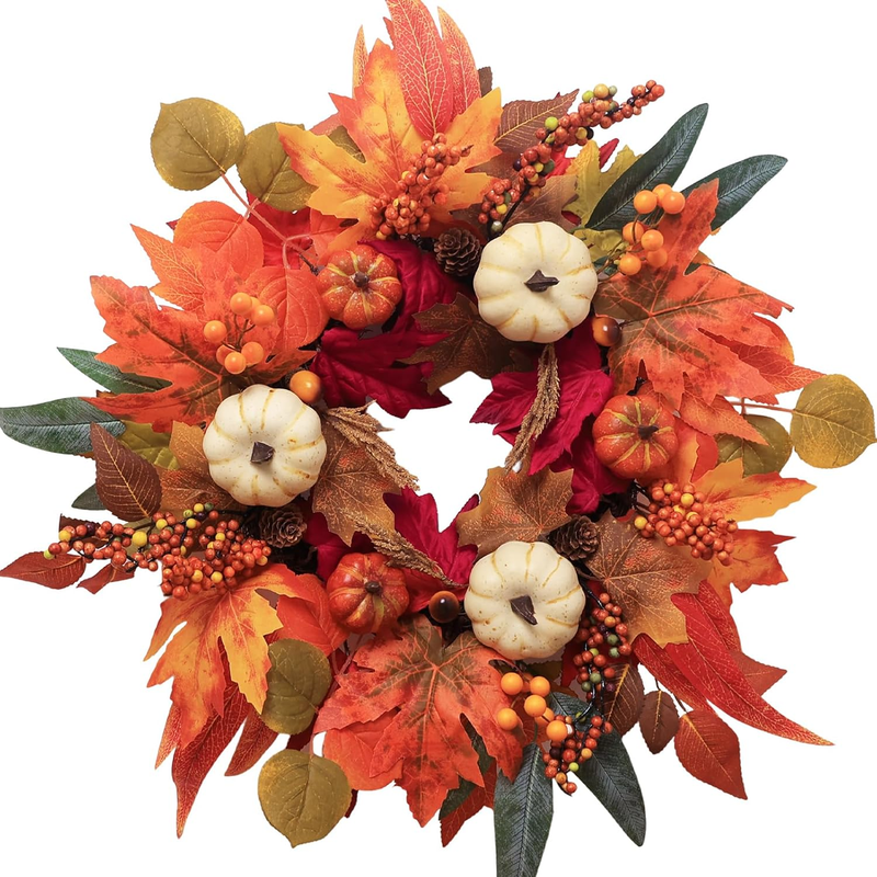 21" Fall Wreath Thanksgiving Pumpkin Maple Leaves Autumn Door Decor0