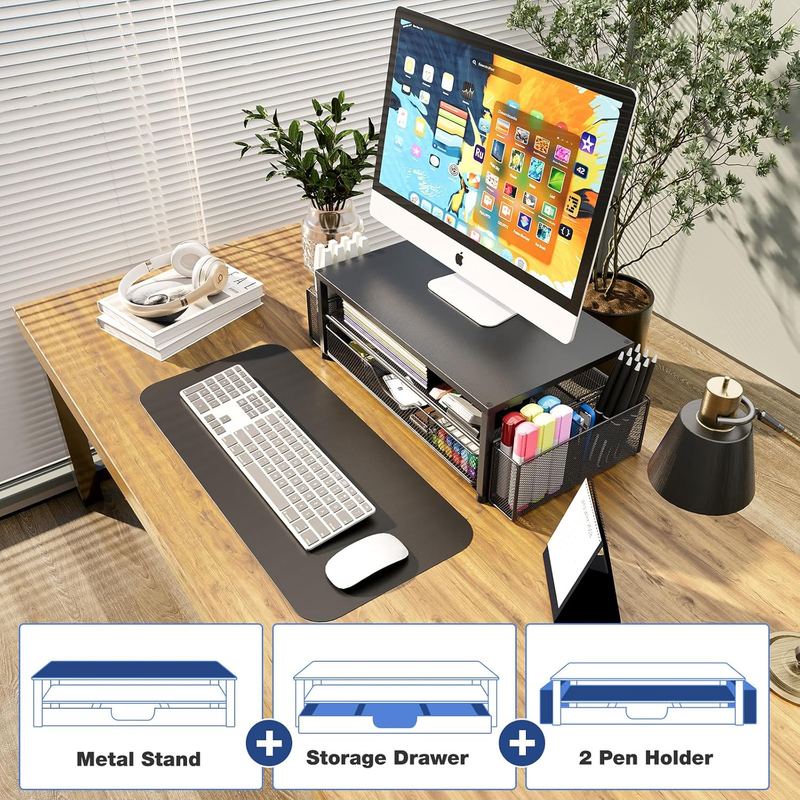 Desk Organizer and Accessories, 2-Tier Computer Monitor Stand Riser with Drawer 6
