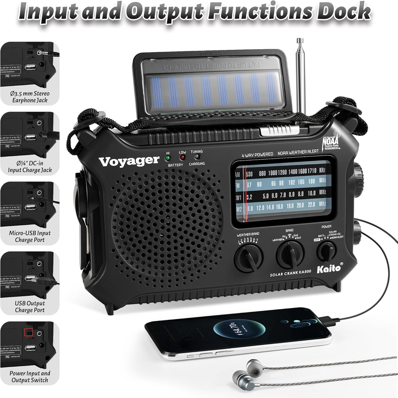 KA500 5 Way Powered Emergency AM/FM/SW NOAA Weather Alert Radio with Solar,Dynam3