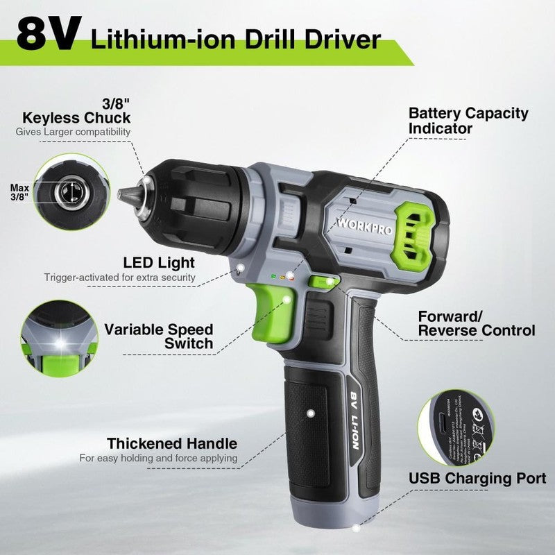 8V Cordless Drill Driver Set 2.0Ah 3/8in Keyless Chuck Tool Box DIY Repair Kit3
