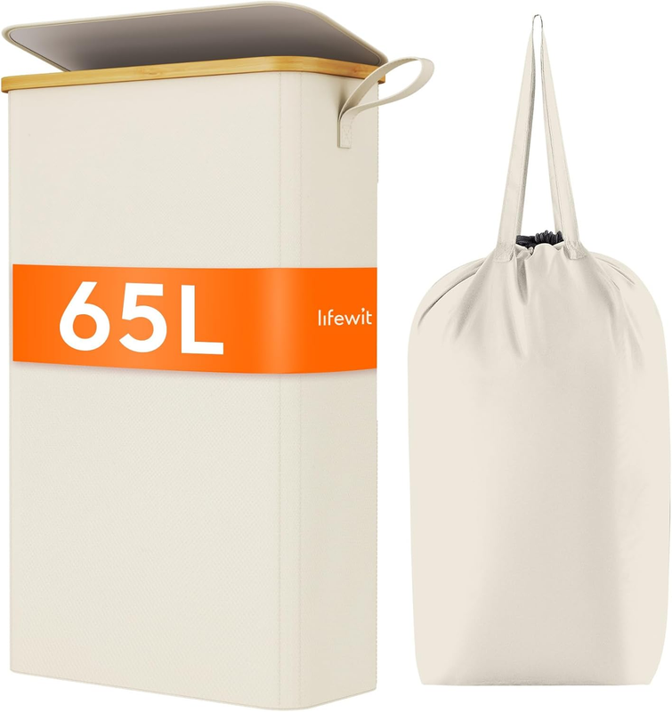 Slim 65L Laundry Hamper with Bamboo Handles, Foldable Basket with Lid, White10