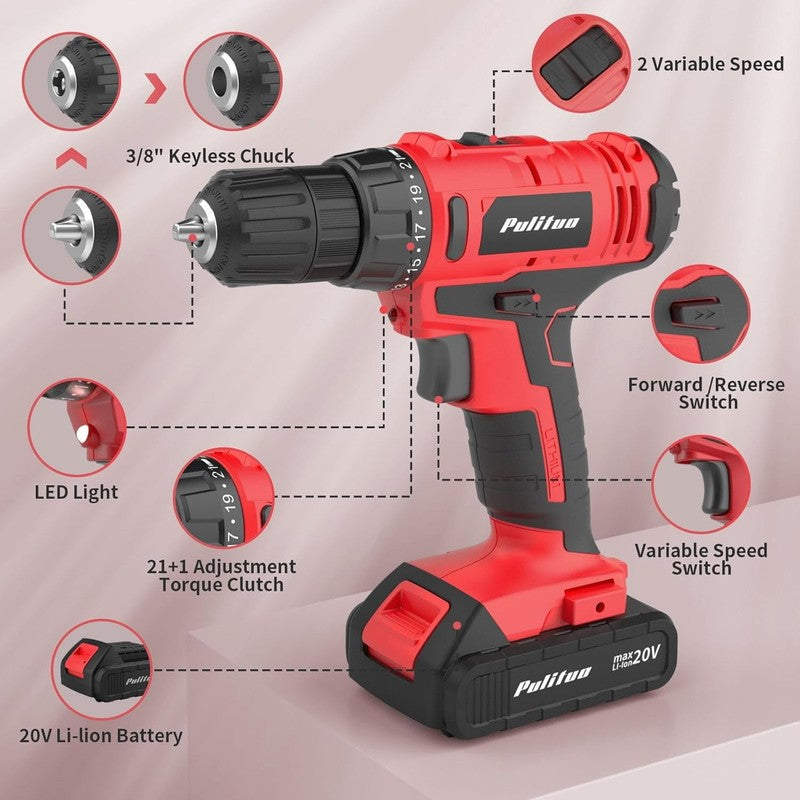 20V Cordless Drill Driver Kit 30Nm 21+1 Torque 2-Speed LED 2 Batteries Red5