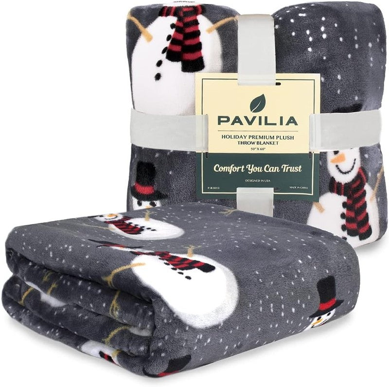 Christmas Throw Blanket Grey Snowman Fleece Soft Warm Plush 50"x60"2