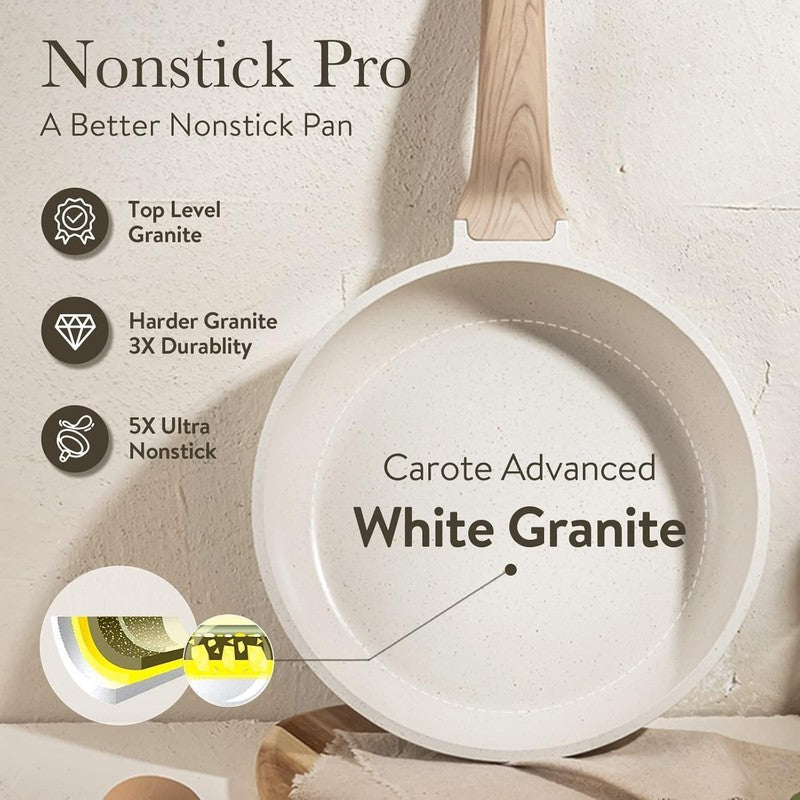 8 Inch Non Stick Frying Pan with Lid,White Granite Nonstick Skillet Omelet Pans,4