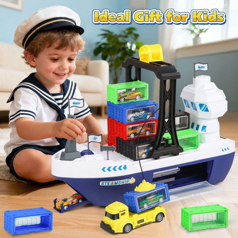 Cargo Ship Toy & Gantry Crane for Kids, Toy Boat and Crane Playset with 6 Race C3