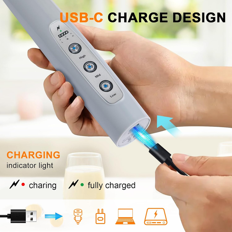 Milk Frother Handheld Cement Gray Rechargeable 3 Speed 3 Heads Whisk1