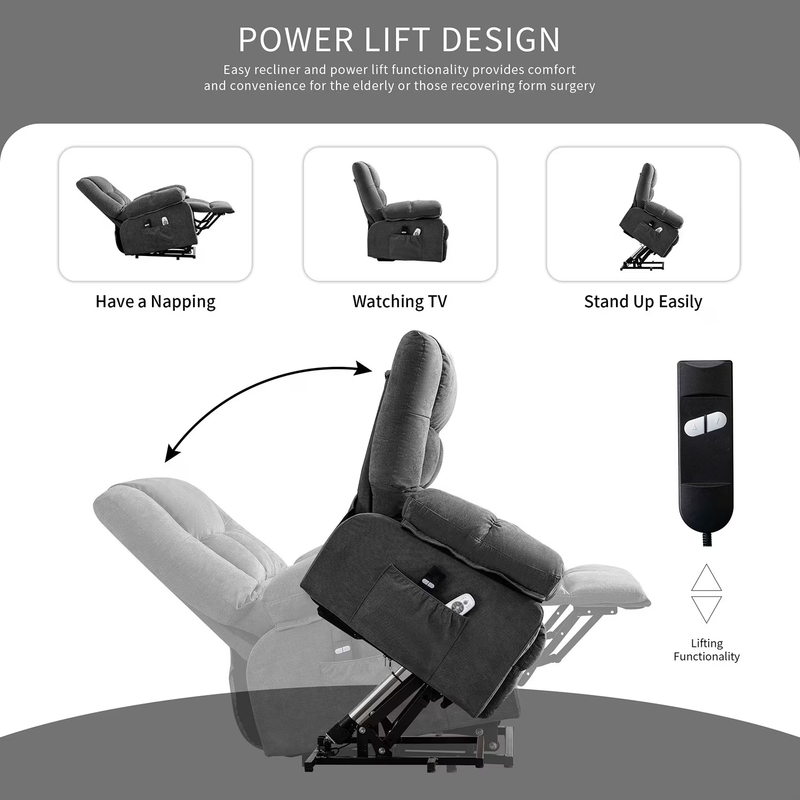 Power Lift Recliner Chair Heat Massage USB Port Infinite Position Grey5