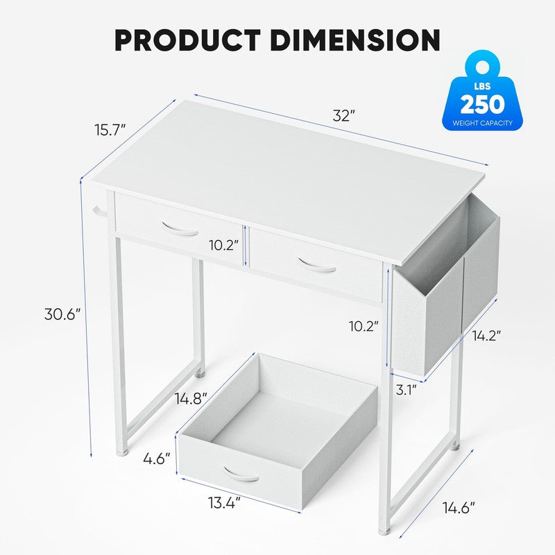 Small Desk with Fabric Drawers & Storage Bag Iron Hook, Home Office Computer Des6