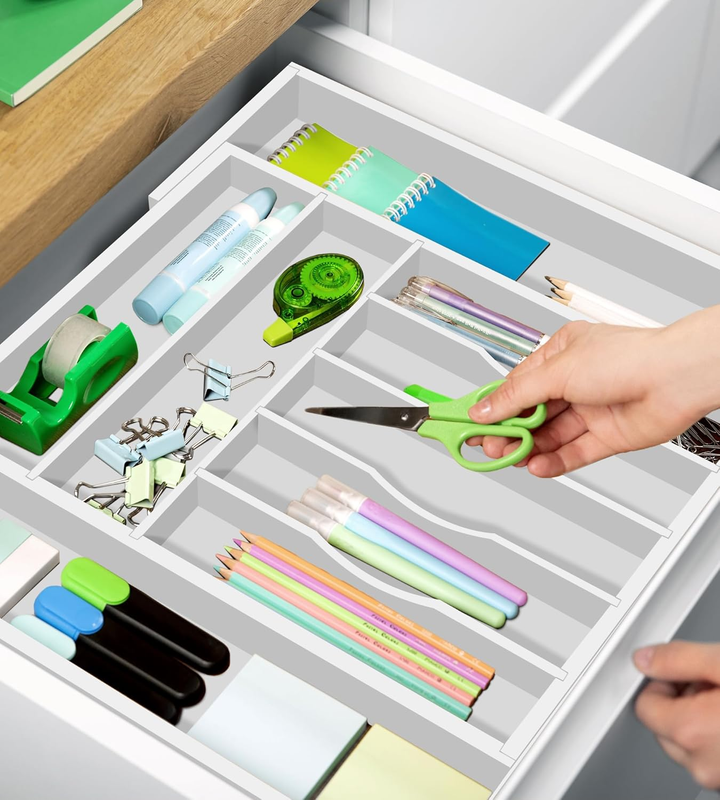 Bamboo Kitchen Drawer Organizer 9 Slot Silverware Utensil Tray White5