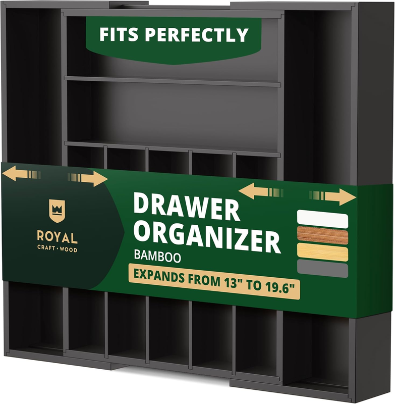 Bamboo Kitchen Drawer Organizer 9 Slot Black Silverware Cutlery Tray0