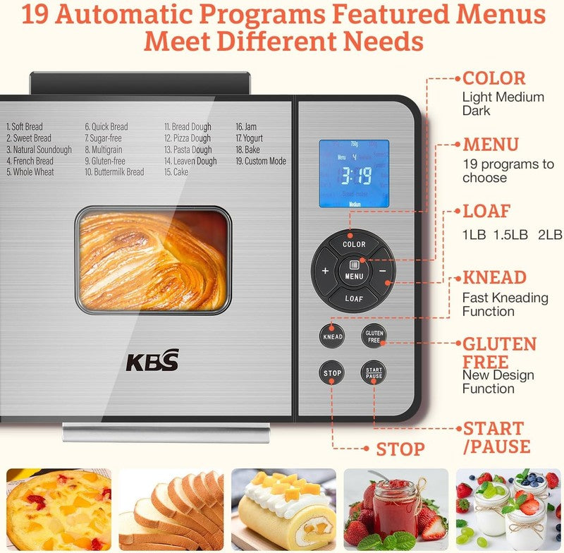 19-in-1 Bread Maker 2LB 650W w/ Ceramic Pan Gluten Free Timer1