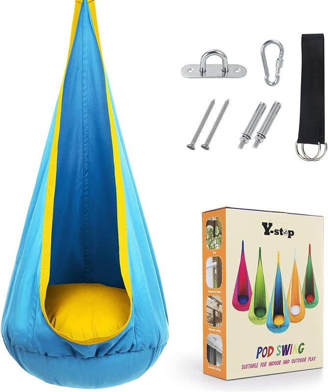 Kids Pod Swing Seat Hanging Hammock Chair Sensory Indoor Outdoor Blue Yellow4