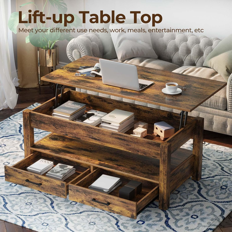 Lift-Top Coffee Table with Drawers Hidden Compartment Rustic Brown3