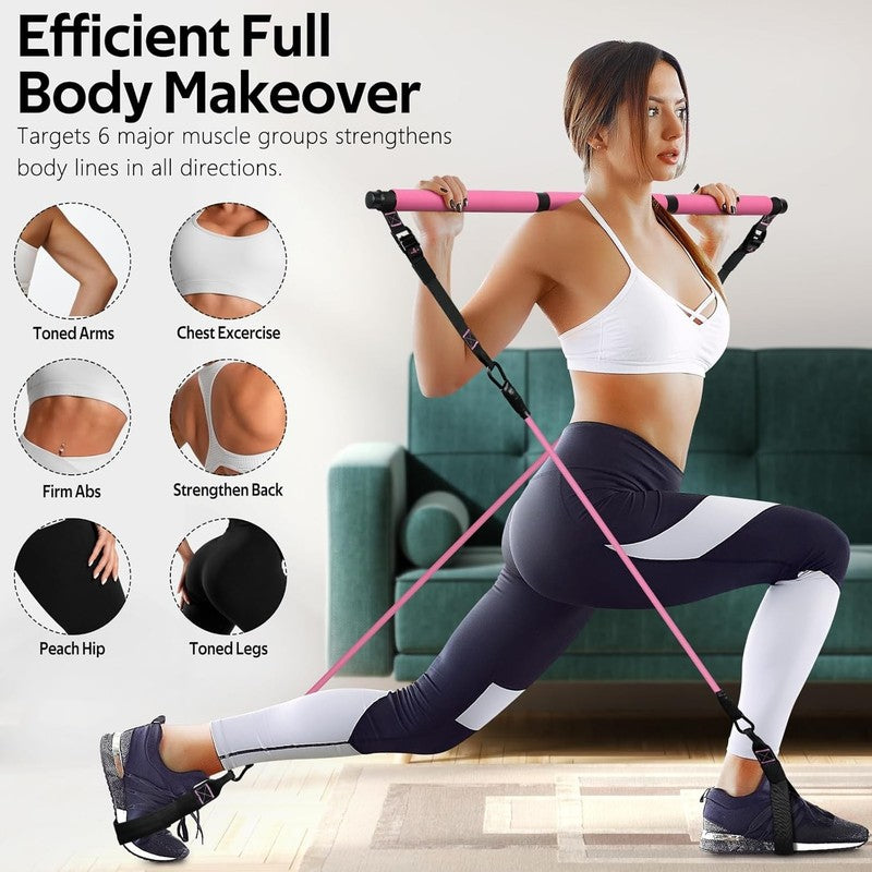 Pilates Bar Kit w/ Resistance Bands Adjustable Metal Buckle Full Body Pink4