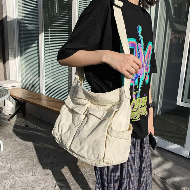 Aesthetic Cute Bag School Vintage Black Canvas Crossbody Shoulder Laptop Bag4