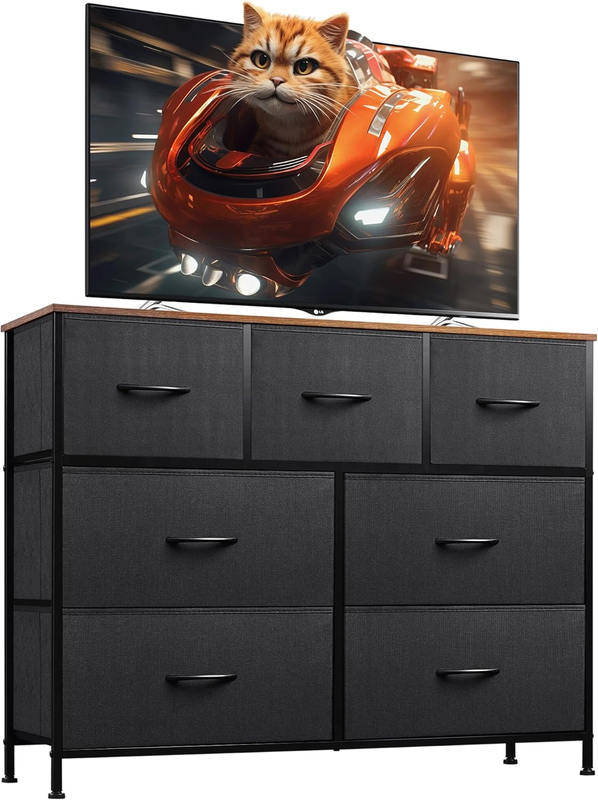 7 Drawer TV Stand Dresser Black & Rustic Brown Metal Frame Wood Top Storage10