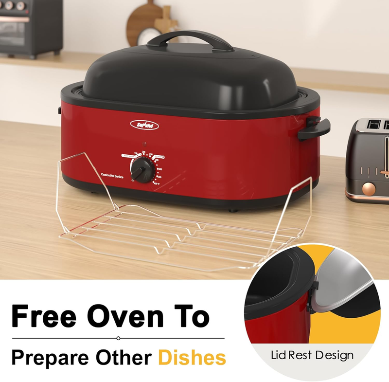 20Qt Electric Roaster Oven Stainless Steel Red Removable Pan & Rack1