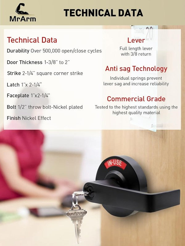 Keyed Entry Privacy Indicator Lock, Large Grade 2 Commercial Door Handle, Bathro6