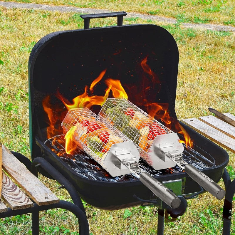 Grill Baskets Set, 2 PCS Stainless Steel Grill Baskets with Removable Wooden Han4