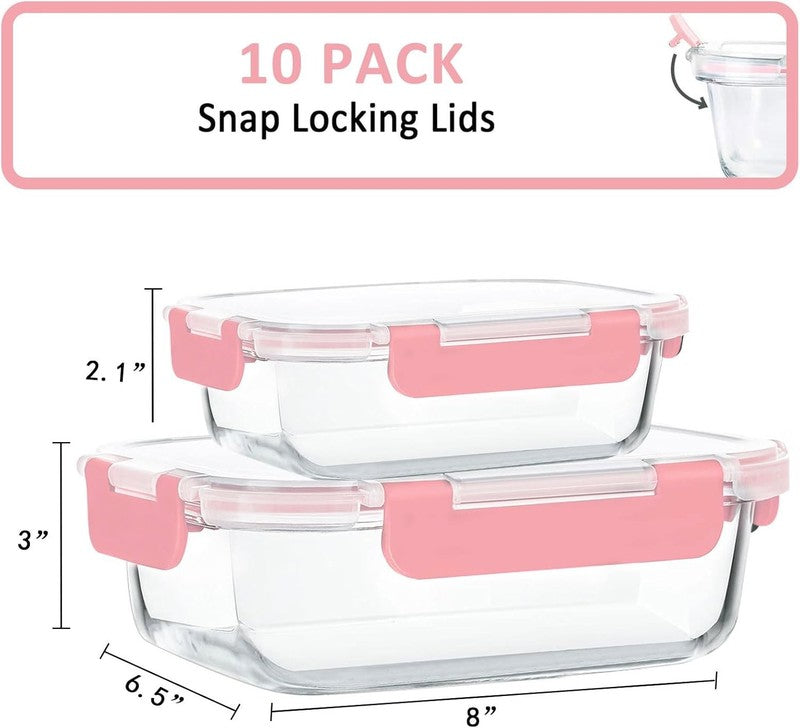 10 Pack Glass Meal Prep Containers Airtight Snap Lock Lids Pink1