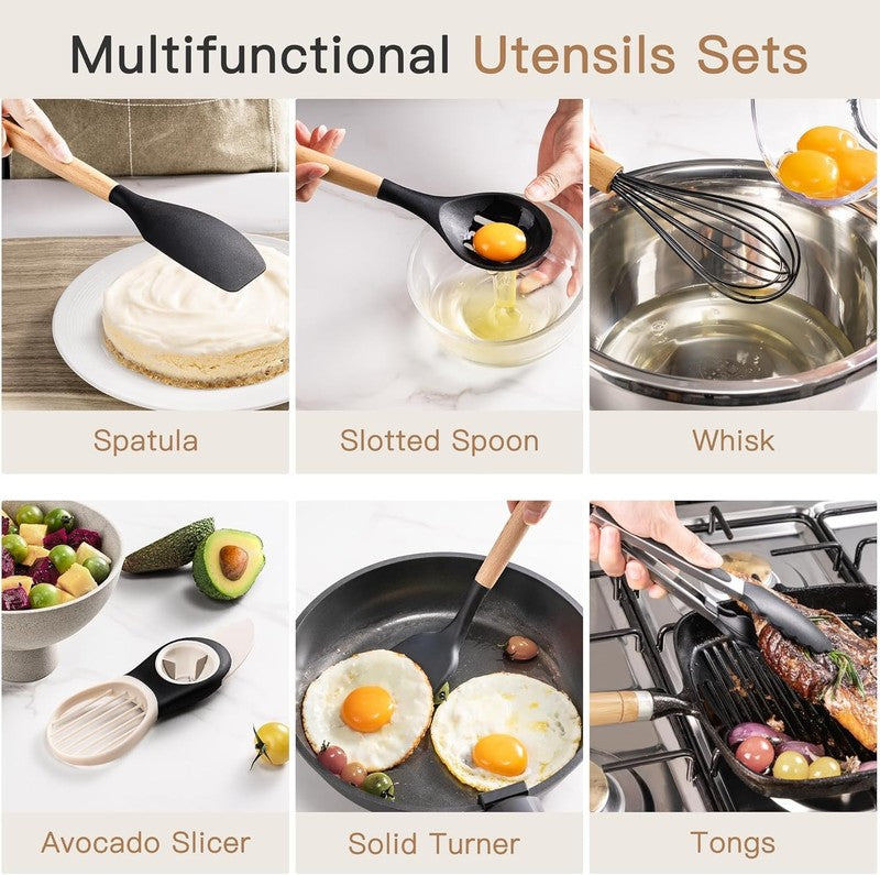 39 PCS Kitchen Utensils Set, Silicone Cooking Utensil Sets with Wooden Handle, 45
