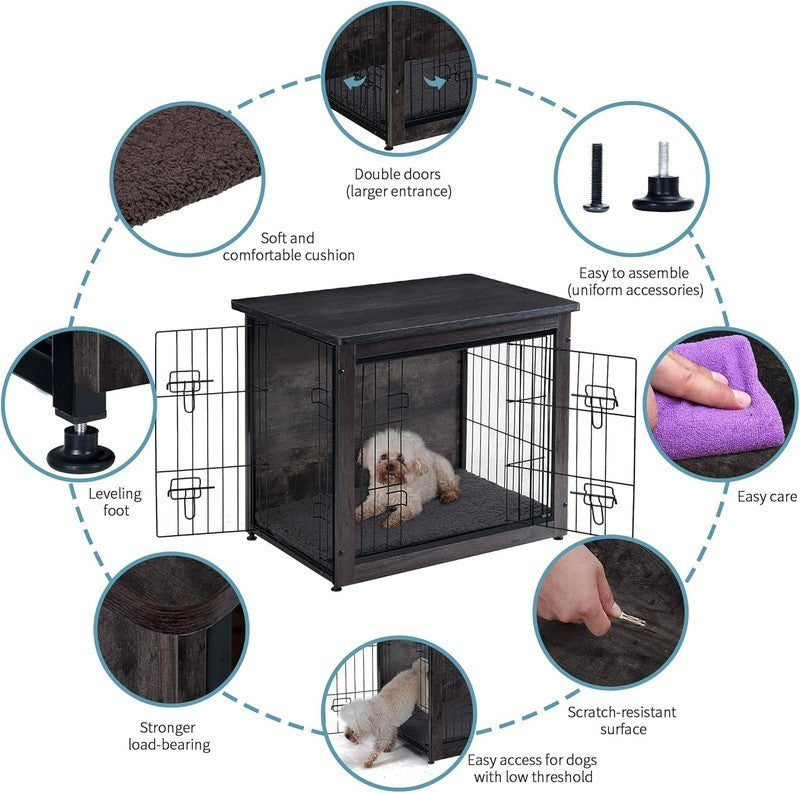 Dog Crate Furniture Table w/Cushion Wooden Kennel Double Door 27.2" Dark Gray3