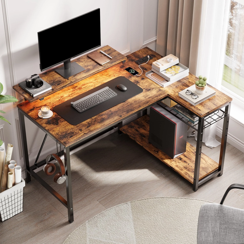 42" L-Shaped Computer Desk LED with Power Outlets & Monitor Stand Rustic9