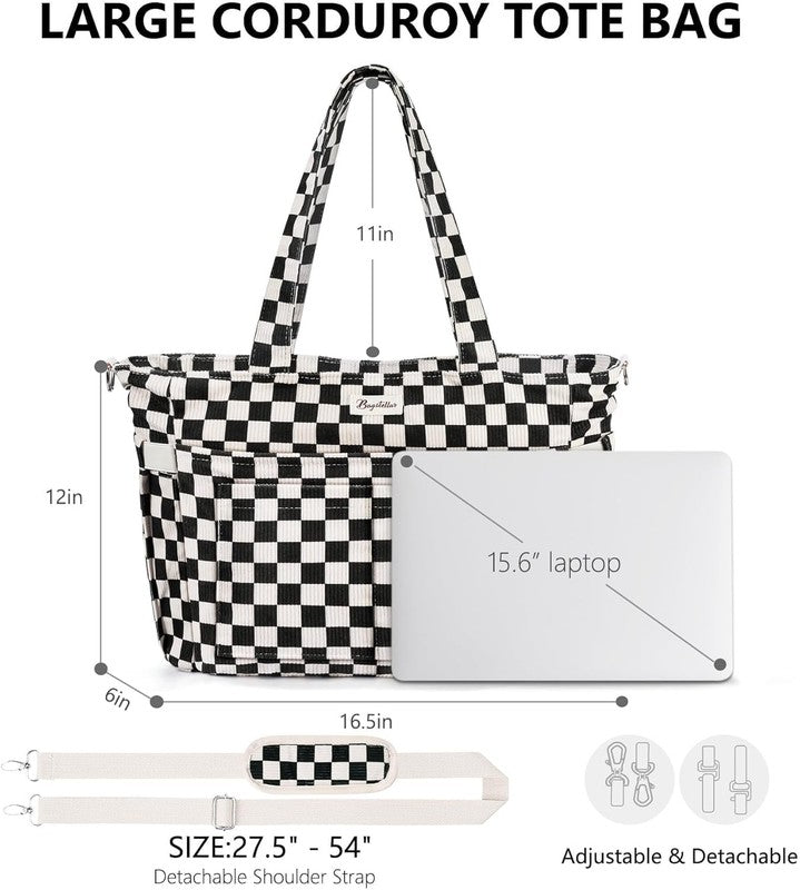 Women Corduroy Tote Bag 17 Pockets Laptop Work Travel Compartment Shoulder Bag1