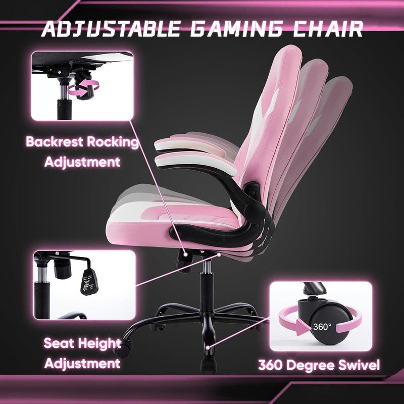 Pink Ergonomic Gaming Chair with Adjustable Height & Flip-Up Armrests5