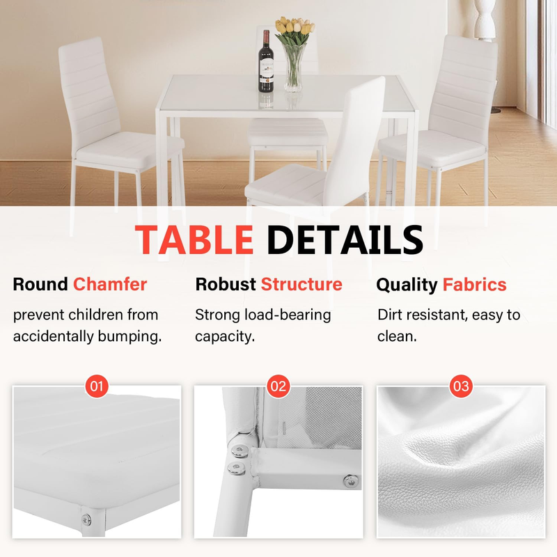 5 Piece Dining Table White Glass Table 4 Upholstered Faux Leather  Easy Assembly5