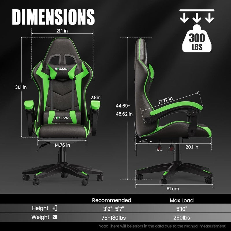 Gaming Chair PU Leather Adjustable Headrest & Lumbar Support, Green1