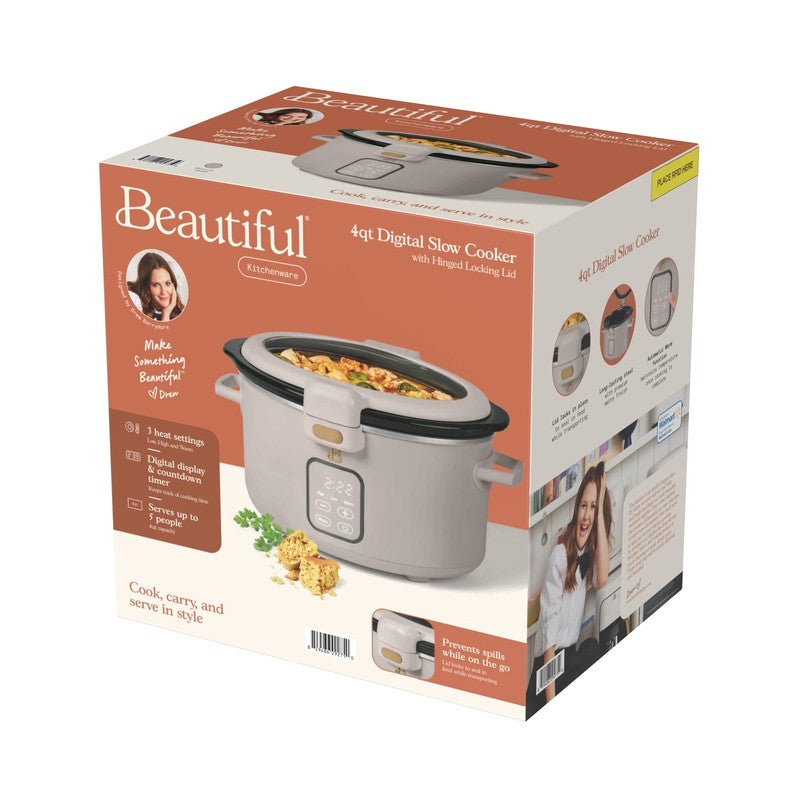Drew Barrymore 4Qt Digital Slow Cooker Hinged Locking Lid Porcini Taupe10
