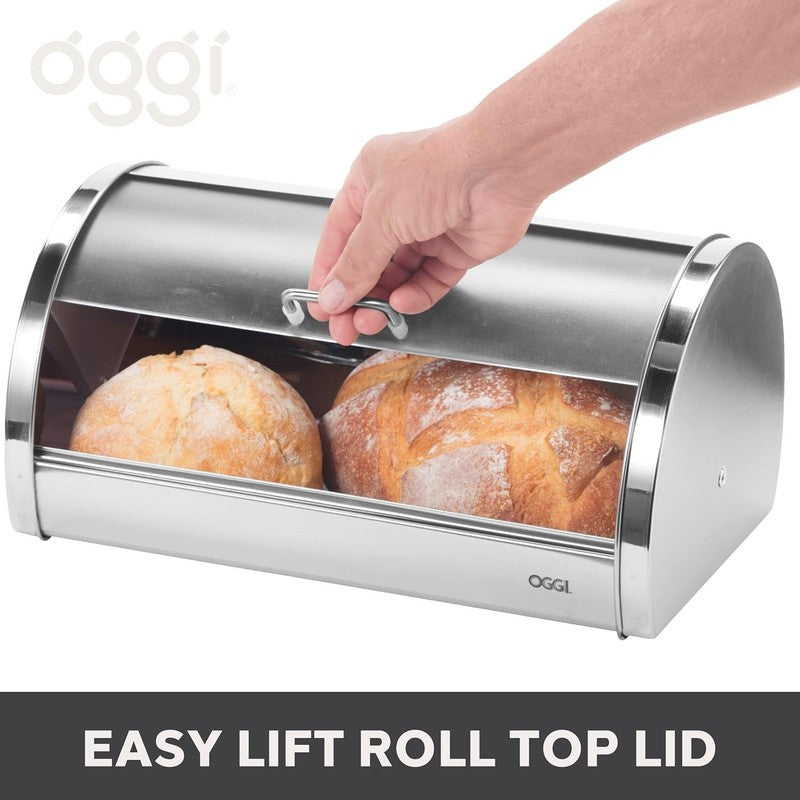 Stainless Steel Roll Top Bread Box Frosted Lid Large Countertop Bread Storage5