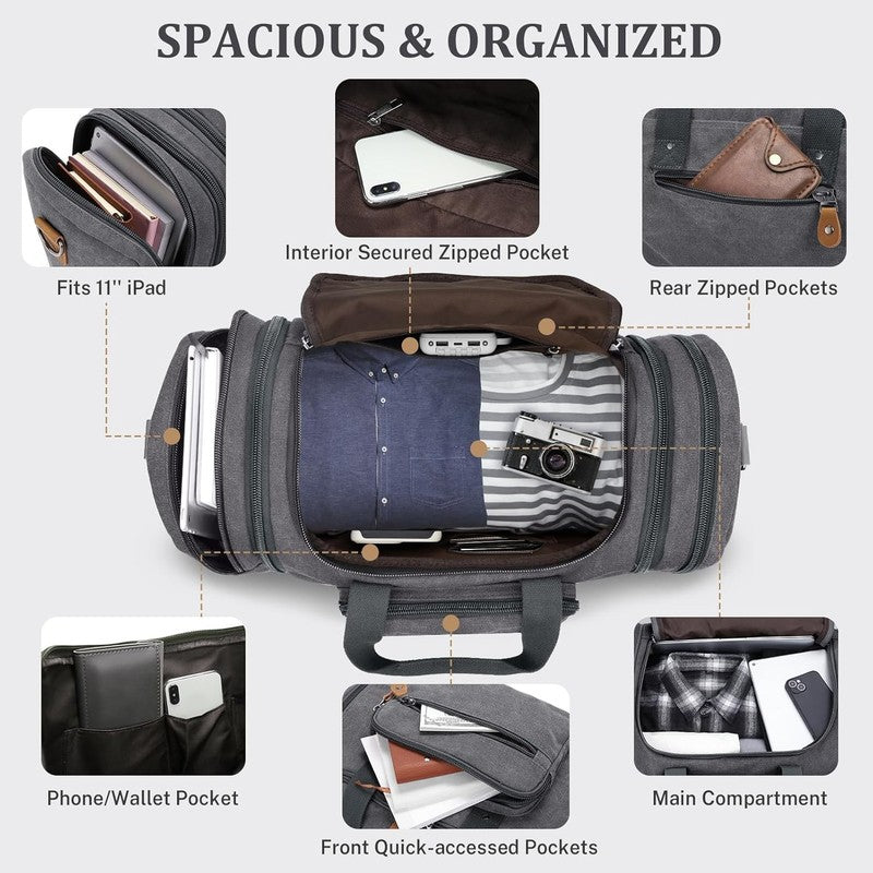 50L Canvas Duffle Bag Travel Expandable Weekend Overnight Duffel Men Gray3