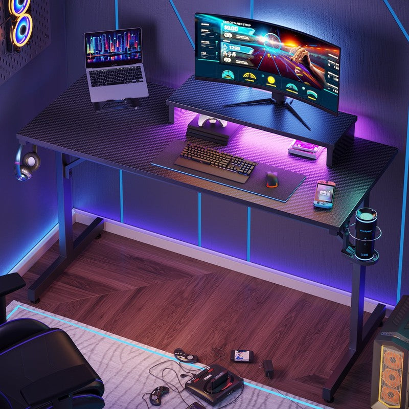 42" PC Gaming Desk w/ LED Lights, Monitor Stand, Headphone Hook Black4