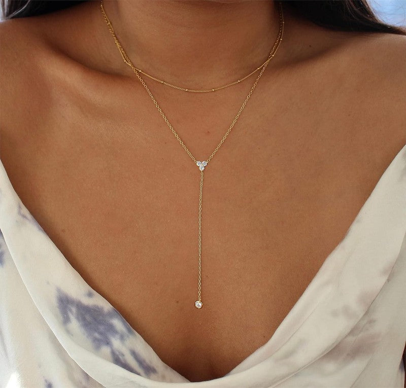 Lariat Gold Necklace for Women 14K Plated Y CZ Drop Pendant Layered Jewelry2