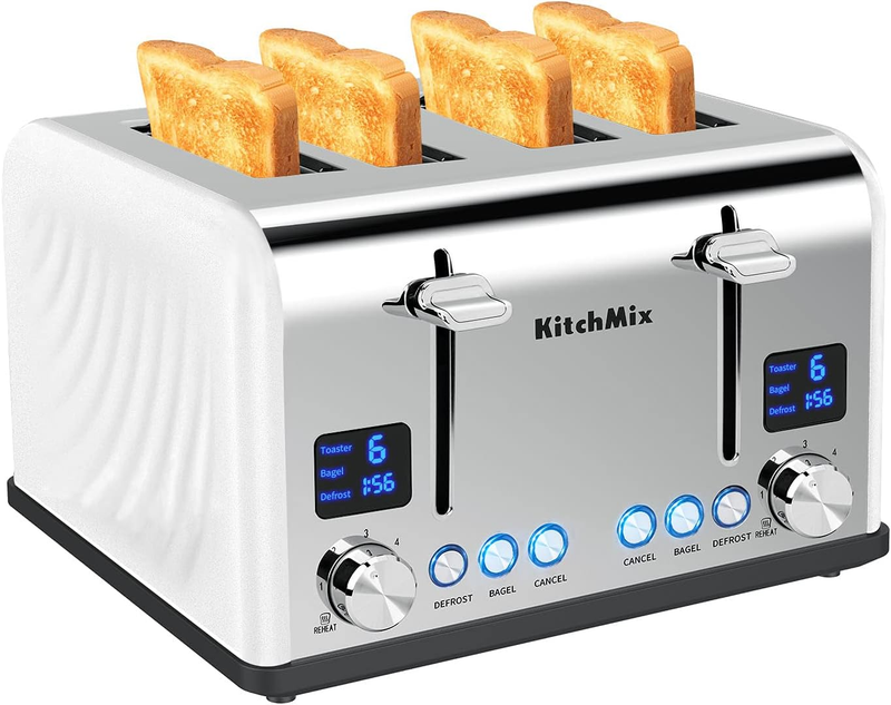 4 Slice Toaster White - Stainless Steel, LCD Timer, Wide Slots, Dual Display0