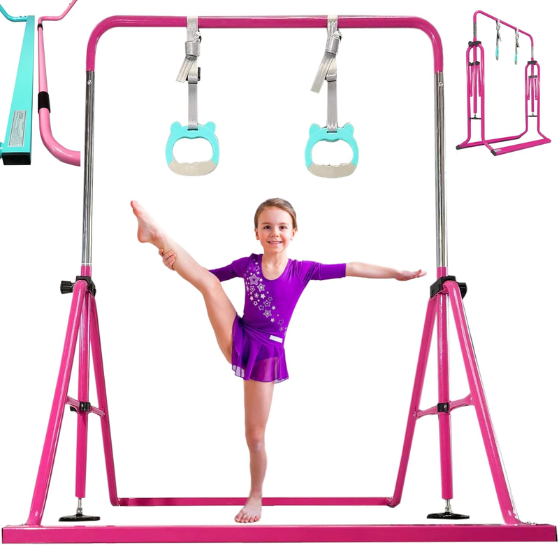 Folding Kids Gymnastics Bar w/ Rings Sturdy Kip Bar Horizontal Home Gym7