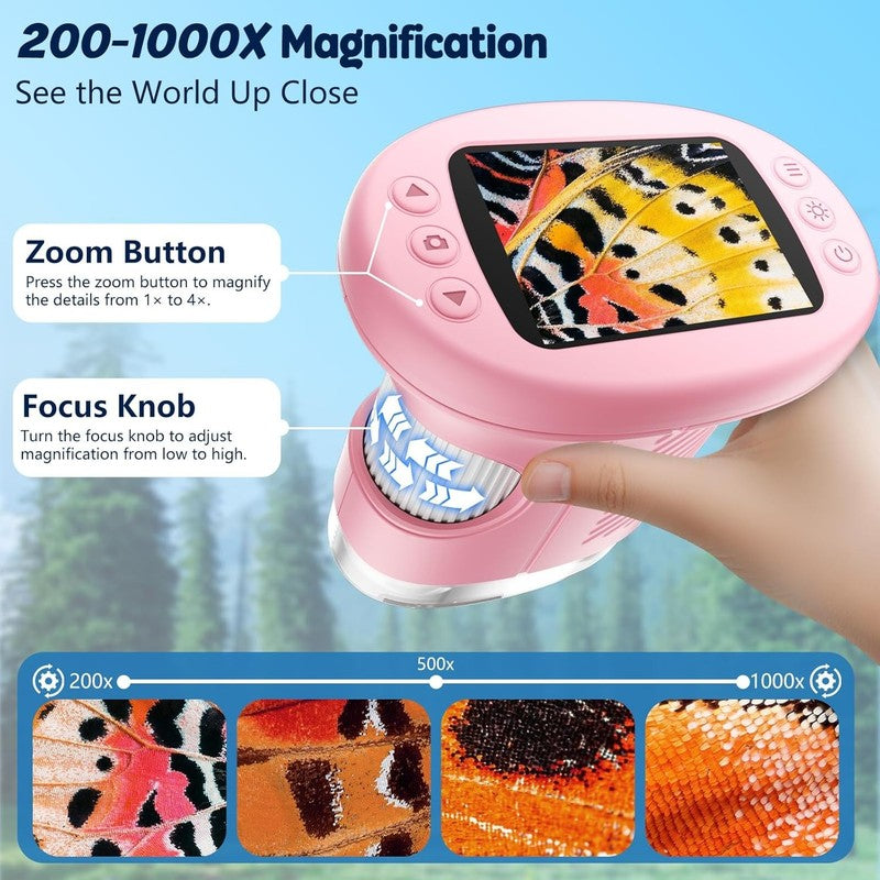 Kids 1000X Digital Mini Microscope 4K Screen with 12 Slides – Pink4