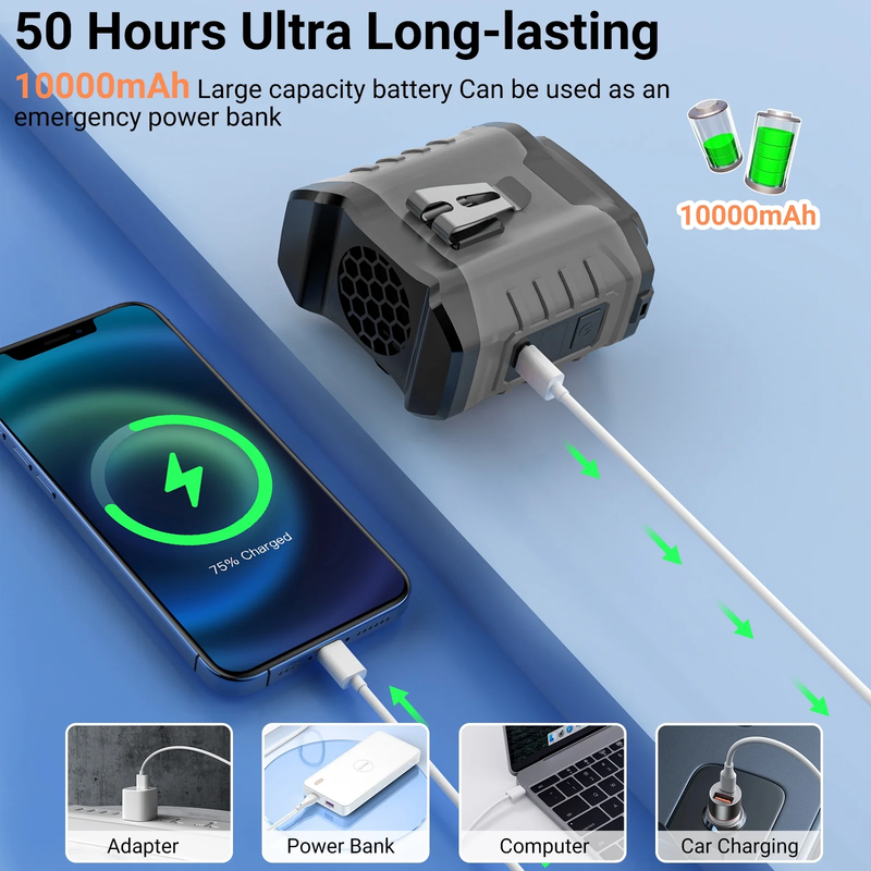 10000mAh Portable Waist Fan Clip On Wearable Neck Fan 5 Speed Gray7