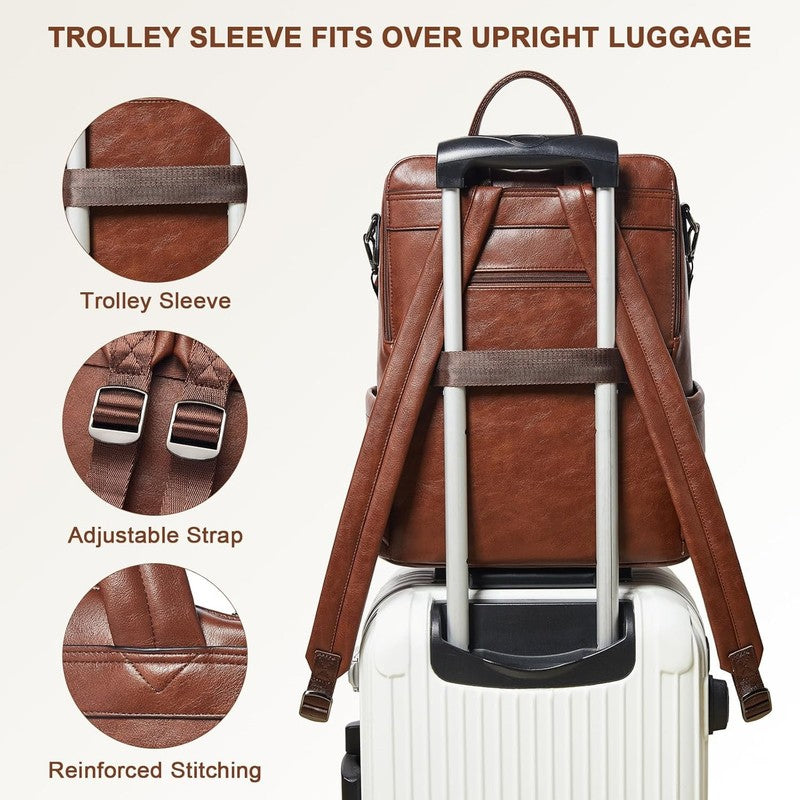Women Laptop Backpack 15.6" Leather Travel Work Water Resistant Brown3