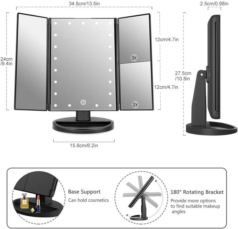 Tri Fold Lighted Vanity Mirror with 3X/2X Magnification & Touch Screen2
