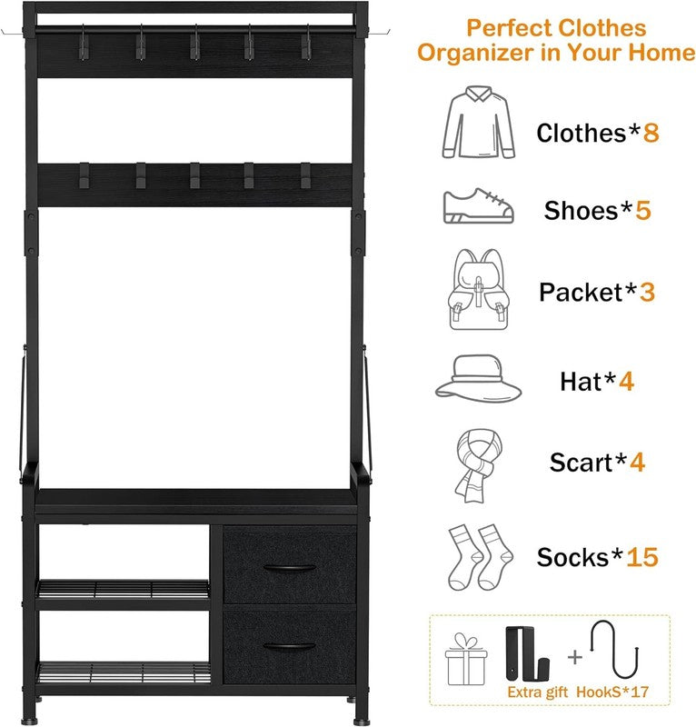 Hall Tree Entryway Bench with Coat Rack & Storage 5-in-1 Black 31.5"3