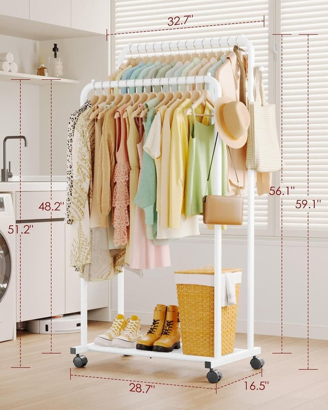 Clothes Rack with Double Rods, Mesh Shelf & Wheels, Metal Garment Rack White1